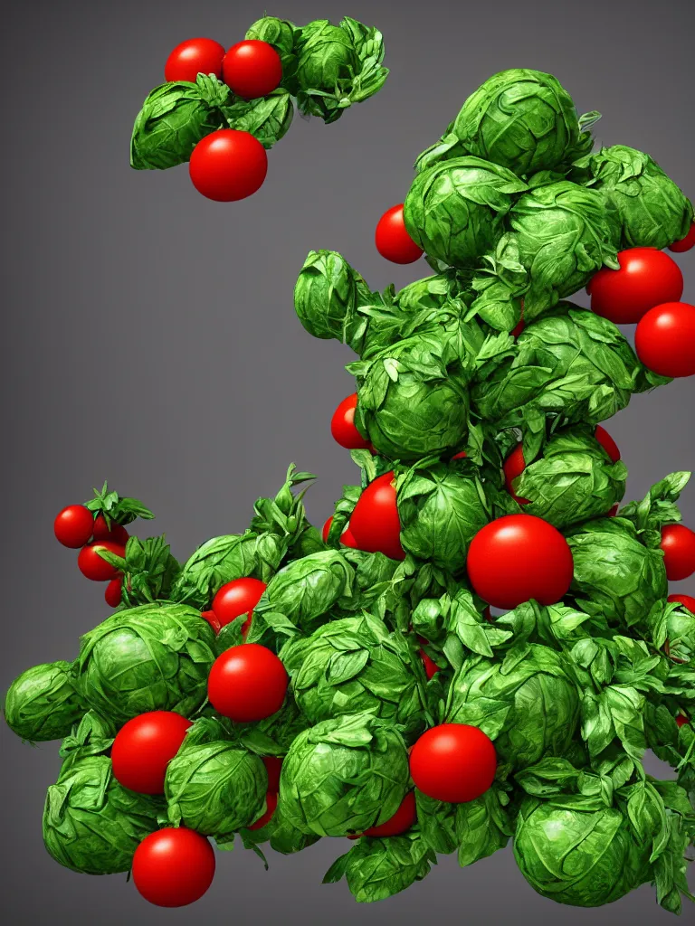 Image similar to highly detailed 3 d render of a mythical tree with sparse leaves of tomatoes and mozzarella! balls and basil leaves, hyper realistic octane render, cinematic lighting, deviantart, lowbrow, surrealism, pixar still