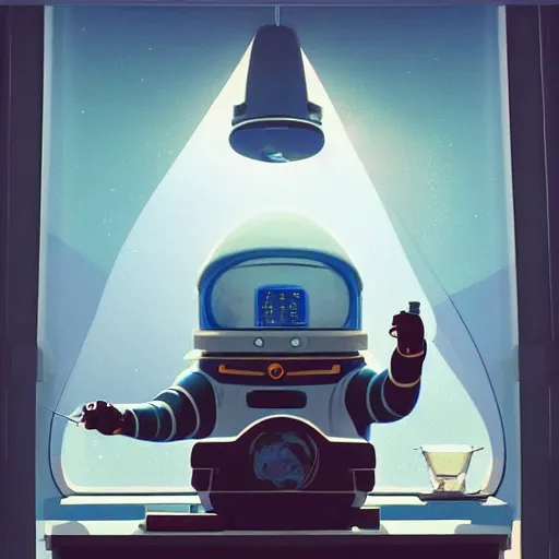 Image similar to a single cosmonaut in a spacesuit drinks a steaming cup of tea at wooden desk in a sci-fi space station. :: by beeple and James Gilleard and Justin Gerard :: the autumn light comes in through a window and dimly illuminates the room. intricate, elegant, highly detailed, trending on artstation, smooth, sharp focus, octane render!!!