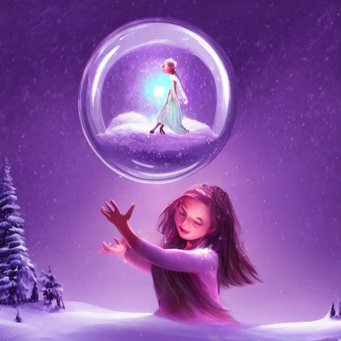 Prompt: A magical snow globe with a person trapped inside. Magic, purple lighting, flux. High fantasy, digital painting, HD, 4k, detailed.
