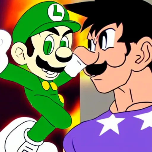 Prompt: luigi versus son goku, both have an epic battle, cinematic