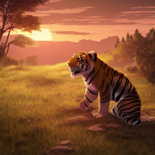 Prompt: anthropomorphic tiger bandit in swamplands gazing at the sunset, cinematic, studio ghibli, wide shot, dramatic lighting, dynamic, ultra realistic, ultra detailed, 8 k, thin line work, trending on artstation