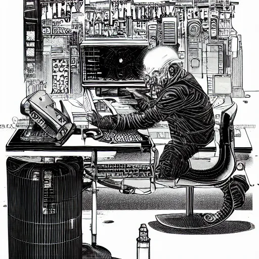 Prompt: cyberpunk goth old man cyborg working on cyberpunk computer in cyberpunk farmers market by william barlowe and pascal blanche and tom bagshaw and elsa beskow and enki bilal and franklin booth, neon rainbow vivid colors smooth, liquid, curves, very fine high detail 3 5 mm lens photo 8 k resolution