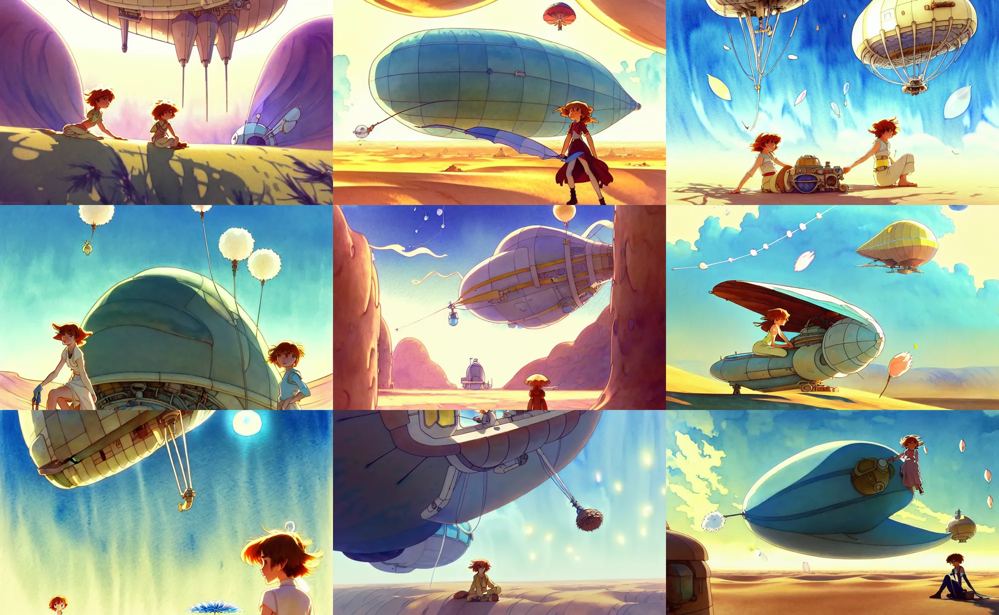 Prompt: a wholesome animation key shot of nausicaa sheltering from the hot sun by a big airship in the desert by herself, studio ghibli, pixar and disney animation, sharp, disney concept art watercolor illustration by mandy jurgens and alphonse mucha and alena aenami, pastel color palette, blowing dandelion seeds float, bloom, dramatic lighting