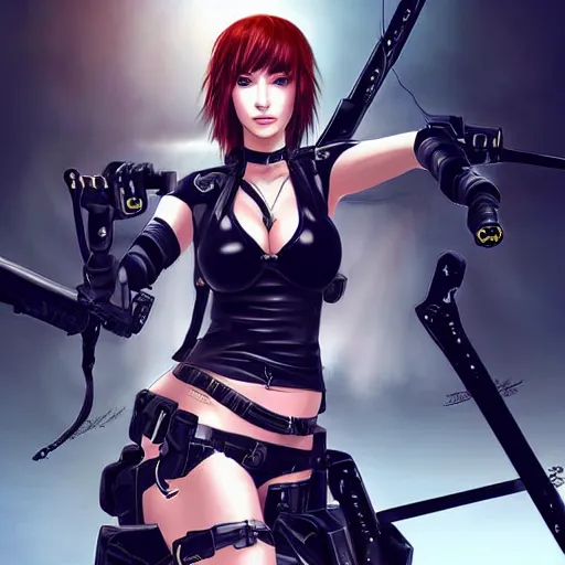 Prompt: concept art illustration of a beautiful young japanese christina hendricks natalie portman as lara croft motoko kusanagi anime protagonist, wearing tokyo harajuku street fashion combat warrior fantasy bikini, intricate, elegant, gorgeous, stunning, alluring, art by kim hyng tae, style of blade and soul, and masamune shirow