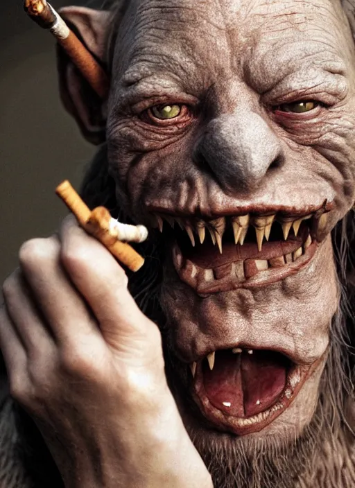 Image similar to closeup portrait of a medieval goblin smoking a cigarette, depth of field, zeiss lens, detailed, symmetrical, centered, fashion photoshoot, by Annie Leibovitz and Steve McCurry, David Lazar, Jimmy Nelsson, Breathtaking, 8k resolution, extremely detailed, beautiful, establishing shot, artistic, hyperrealistic, beautiful face, octane render