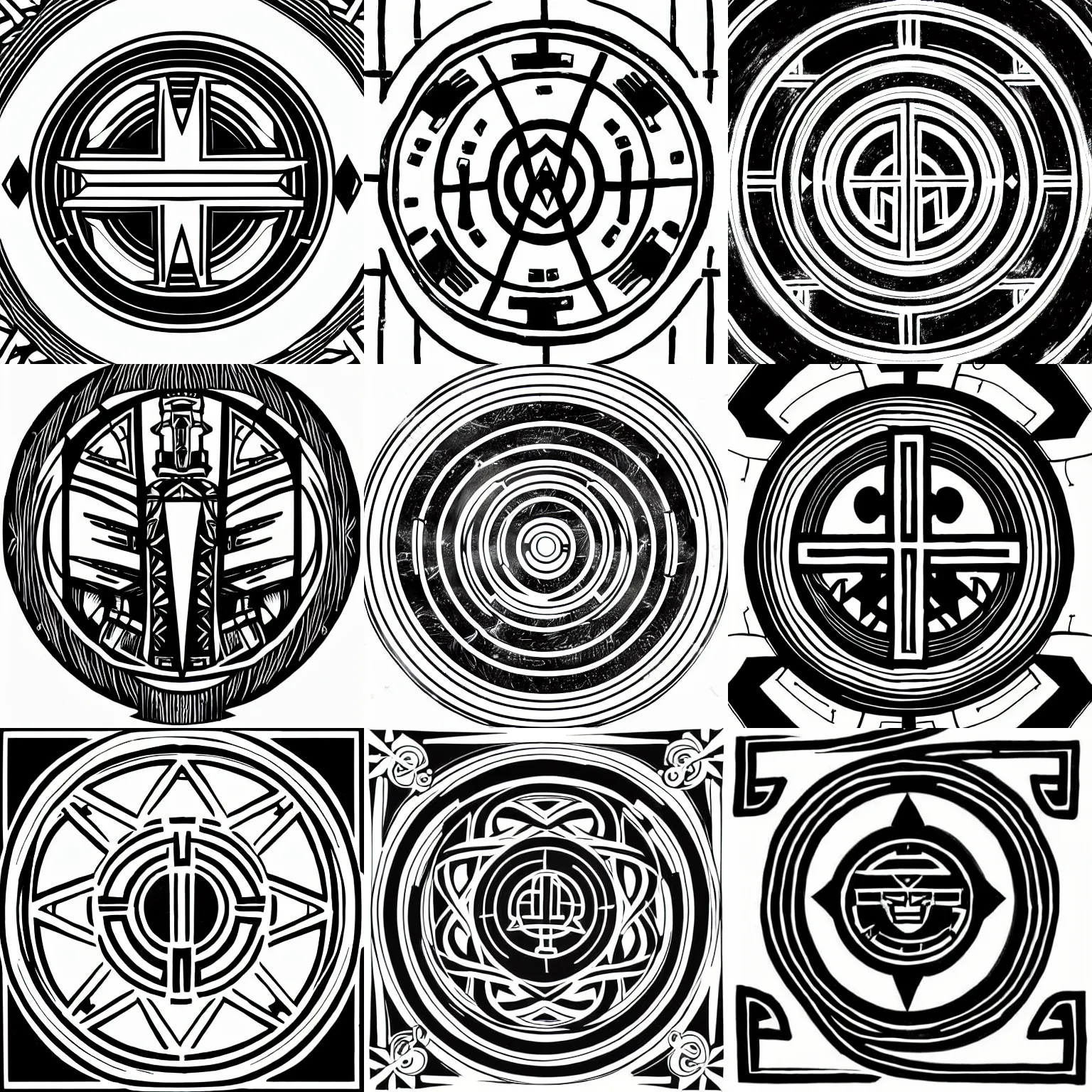 Prompt: black lineart symmetrical drawing, symbolism, expressive mark making consistent line width, halo of a circular Cybertron holy icon, halo for the saint of gladiators on a white background