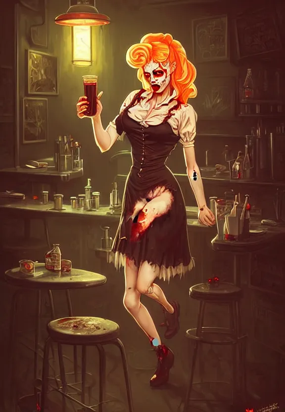 Prompt: Zombie waitress of a small 50’s style diner serving cold drinks, fantasy magic, zombie, dark pin-up style hair, dark light night, intricate, elegant, sharp focus, illustration, highly detailed, digital painting, concept art, matte, art by WLOP and Artgerm and Greg Rutkowski and Alphonse Mucha, masterpiece