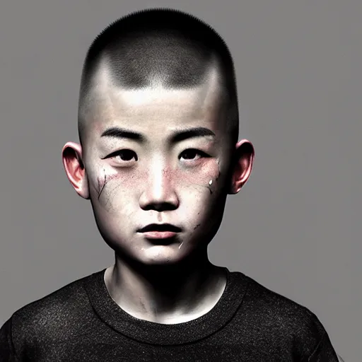 Prompt: dramatic portrait of chinese boy buzz cut, battle damaged, digital painting