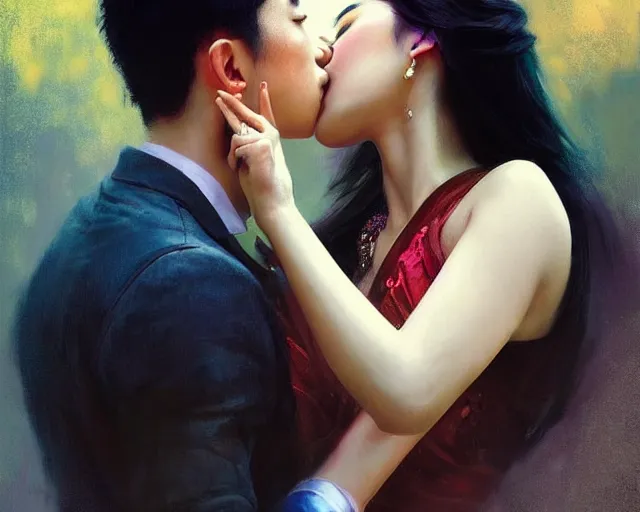 Image similar to photography of south east asian couples kissing each other, deep focus, d & d, volumetric light, colourful, sharp, detailed, digital painting by rolf armstrong, jeremy lipkin and michael garmash, rob rey and kentaro miura style, pinterest behance top picks