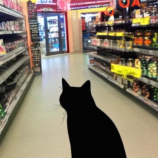 Prompt: black cat trail cam cctv footage in shopping plaza