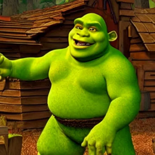 Image similar to Shrek is really angry and he's screaming. His swamp and shack house is burning down. Tears are coming out of his eyes.