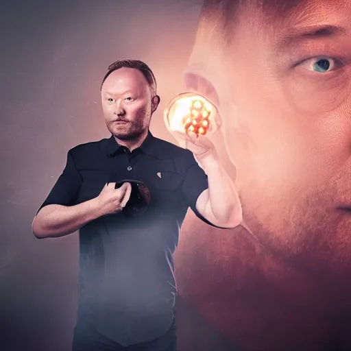 Image similar to limmy brian limond holding element 1 1 5, realistic, wide shot, dramatic lighting, hyper realistic, high quality, highly detailed, hd, beautiful, cinematic, 8 k, unreal engine, facial accuracy, symmetrical,