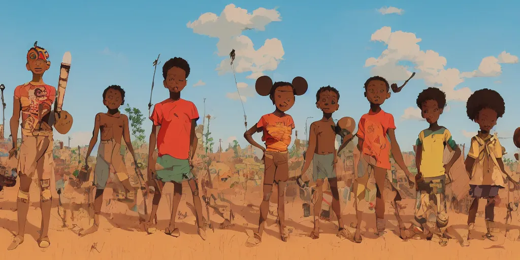 Image similar to a film still from Triplets of Belleville, 4 kids wearing African tribal masks with graffiti war paint stand together ready for battle in an open field in the middle of an African favela , medium shot, waist up, studio Ghibli, Pixar, Disney and animation anime key art by anime key art by Ian McQue, ilya kuvshinov and Greg Rutkowski, Bloom, dramatic lighting global illumination, muted red and grey