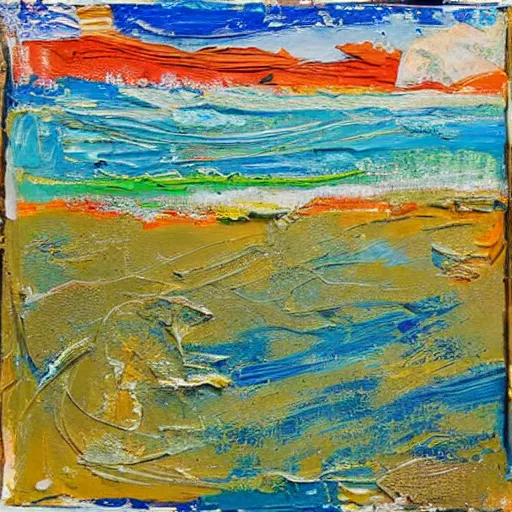 Image similar to oil paint impasto relief, beautiful painting of a sunny italian beach scene, multi layered thick brush marks, some splattered paint, in the style of monet and frank auerbach