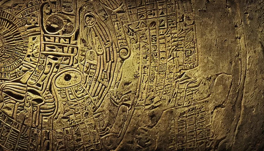 Image similar to h. r. giger hieroglyphs, hieroglyphs showing ufos alien planets, gold plate render, various refining techniques, micro macro auto focus, top photography photo art gallery, realistic photo, insane detail