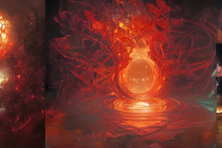 Prompt: arcs of flame, simulation of water splashes, shards of mercury, dramatic lighting, cyberpunk neon, secret cypher, red flowers, solar flares, intricate art by John Collier and Albert Aublet and Krenz Cushart and Artem Demura and Alphonse Mucha