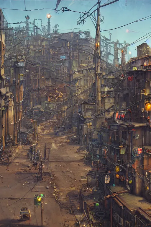 Image similar to a industrial STEAMPUNK CITY Street scenery in the FAVELAS, signs, billboards and cable Connecting MULTI LVL BUILDINGS, rendered by simon stålenhag, rendered by Beeple, Makoto Shinkai, syd meade, environment concept, digital art, starwars, raphael lacoste, eddie mendoza, alex ross, concept art, cinematic lighting, , unreal engine, 3 point perspective, WLOP, trending on artstation, low level, 4K UHD image, octane render,