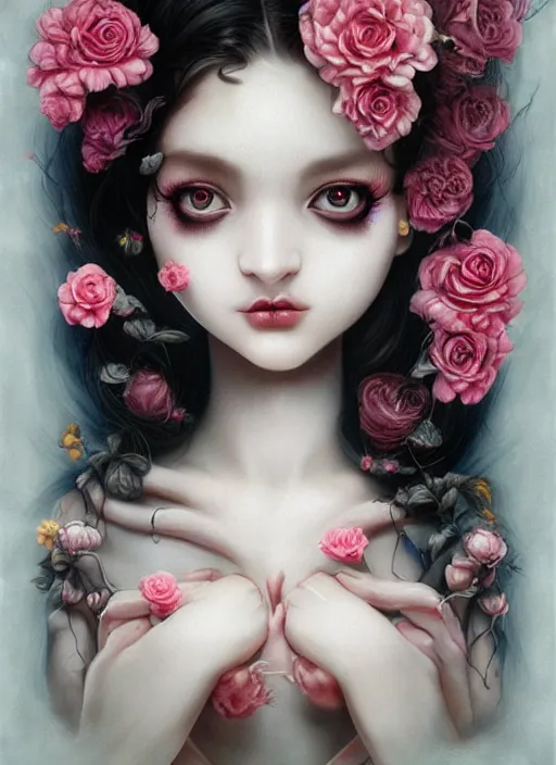 Image similar to pop surrealism, lowbrow art, realistic seductive cute woman painting, long black hair, japanese shibari with flowers, hyper realism, muted colours, rococo, natalie shau, loreta lux, tom bagshaw, mark ryden, trevor brown style,