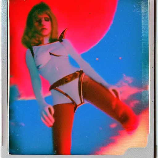 Image similar to vintage polaroid of barbarella on the surface of the moon landing, detailed clouds, warm azure tones, red color bleed, film grain