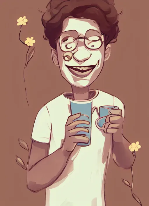 Prompt: a white young man drinking from a coffee cup, which is a brown flower, big smile, prominent big eyes, wise forehead, big lips, round portruding chin, background full of brown flowers, standout colours, thin sharp lines, digital painting, artstation, matte, sharp focus, illustration, moe artstyle