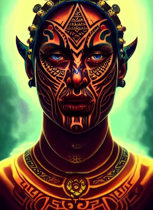 Prompt: full face tattoo epic portrait, aztec warrior glowing eyes, elden ring, matte painting concept art, midjourney, beautifully lit, swirly vibrant color lines, fantastically gaudy, cinematic aesthetic octane render, 8 k hd resolution, by ilya kuvshinov and darius zawadzki and zdizslaw beksinski