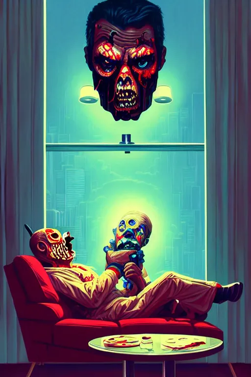 Prompt: a zombie dad sitting on the couch and watching tv, tristan eaton, victo ngai, artgerm, rhads, ross draws