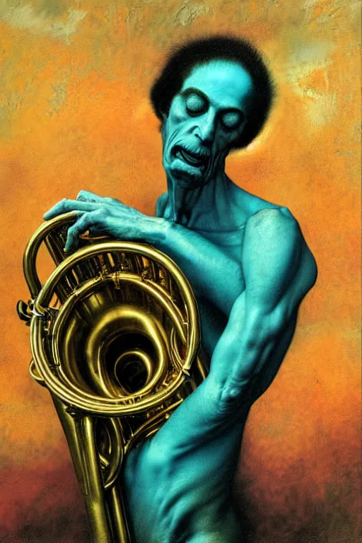 Image similar to tuba player, turquoise background in the style of wayne barlowe, gustav moreau, goward, bussiere, roberto ferri, santiago caruso, luis ricardo falero, austin osman spare