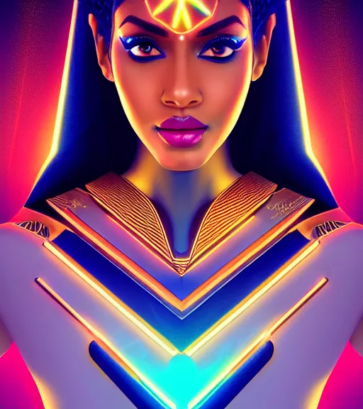 Image similar to symmetry!! egyptian princess of technology, solid cube of light, hard edges, product render retro - futuristic poster scifi, lasers and neon circuits, brown skin gorgeous egyptian princess, intricate, elegant, highly detailed, digital painting, artstation, concept art, smooth, sharp focus, illustration, dreamlike, art by artgerm