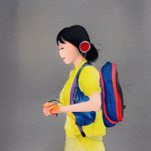 Image similar to cute Chinese girl with headphones and a yellow backpack in NYC, highly detailed watercolor painting