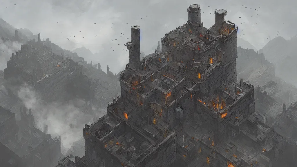 Image similar to top down view of fortified industrialized mountain bastion, chimneys, smoke trails, papyrus, watercolored, jakub rozalski, dark colours, dishonored, artstation