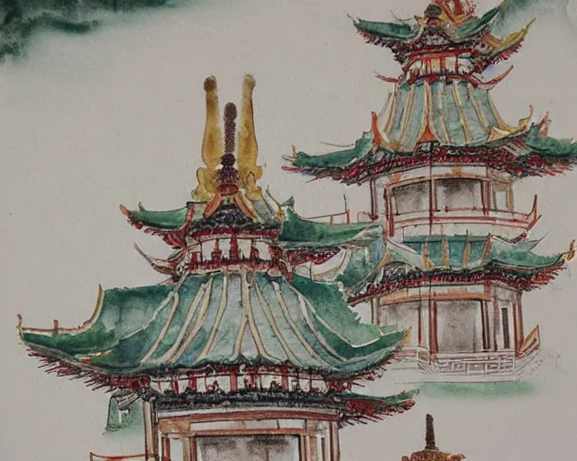 Image similar to twin buddhist pagodas in landscape, traditional chinese watercolor,