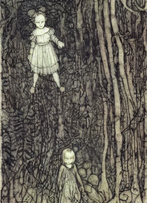 Image similar to little girl in the scary woods, face clearly visible by john bauer, arthur rackham