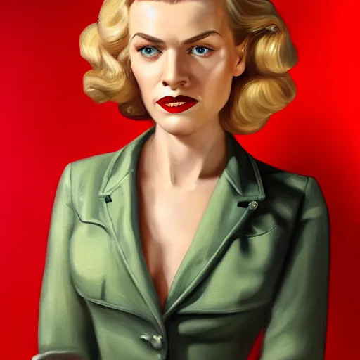 Image similar to A Hearts of Iron IV portrait of a blonde German actress with high cheekbones. Dressed in 1940s style. Highly detailed, fine Art, high detail, great lighting, 8k resolution, masterpiece, concept art, illustration, clear eyes, painting oil on canvas, octane render, HDR, trending on artstation, 4k, 8k, HD