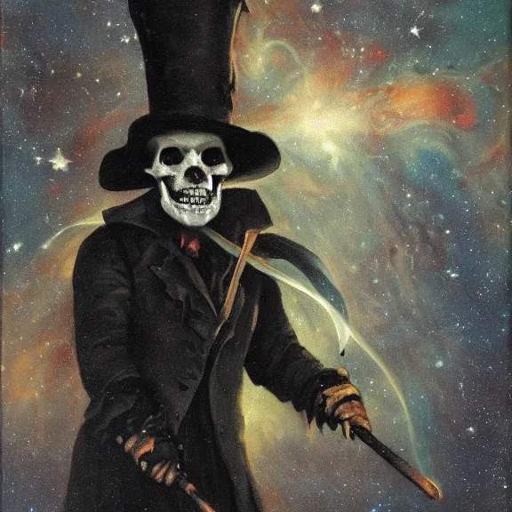 Image similar to grim-hatter, skull cane, voodoo ritual gear, matte painting art from goya and pirner, cursed oil painting, cosmic nebula color tones