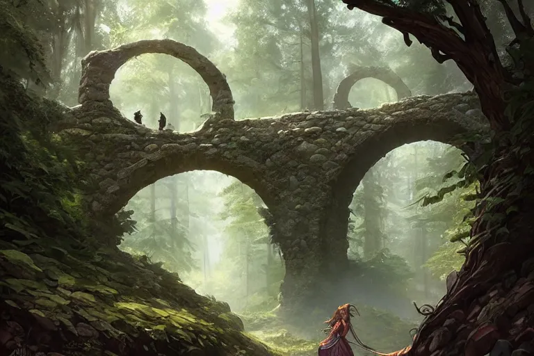 Image similar to big arch made of stones in a forest, d & d, fantasy, intricate, elegant, highly detailed, digital painting, artstation, concept art, matte, sharp focus, illustration, hearthstone, art by artgerm and greg rutkowski and alphonse mucha