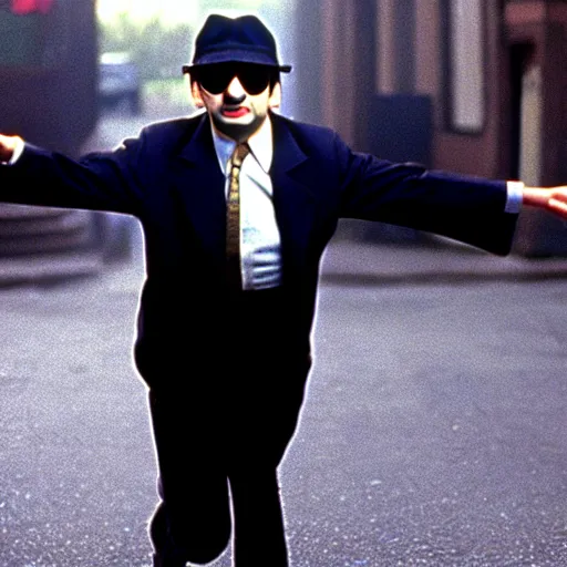 Prompt: mr. bean as a blues brother from the blues brothers movie. movie still. cinematic lighting.