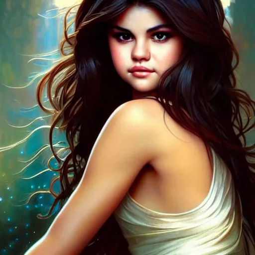 Image similar to beautiful portrait of selena gomez, natural beauty expressive pose, fantasy, intricate, elegant, highly detailed, digital painting, artstation, concept art, smooth, sharp focus, illustration, art by artgerm and greg rutkowski and alphonse mucha