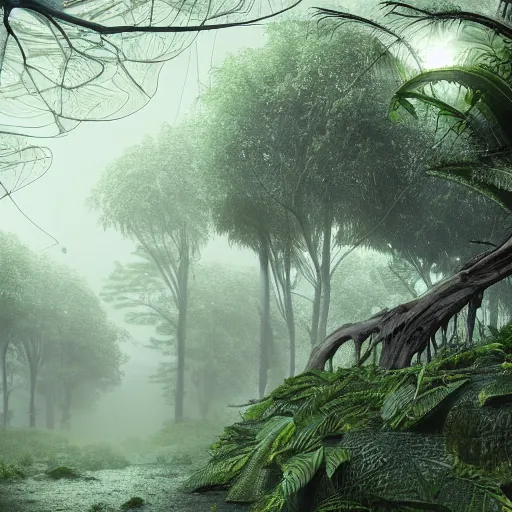 Image similar to !dream A realistic detailed photo of a futuristic jungle, alien plants, grey sky, hidden animals, some fallen trees, foggy landscape, light particles, detailed light, realistic shaders, trending on artisation, detailed textures, detailed, realistic