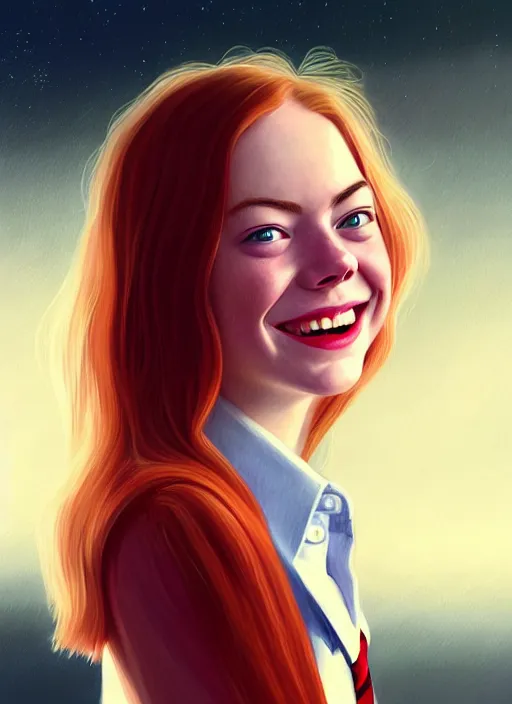 Image similar to portrait of teenage emma stone, freckles, long flowing ginger hair, white shirt and red tie, smiling kindly, friendly, 1 9 8 0 s, intricate, elegant, glowing lights, highly detailed, digital painting, artstation, concept art, smooth, sharp focus, illustration, art by wlop, mars ravelo and greg rutkowski