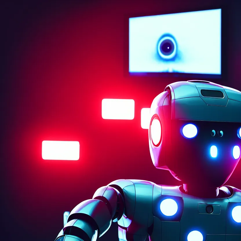 Image similar to a film still of a robot with red eyes playing video games, cool, photo, realistic, hd, intricate details, soft lighting, cyberpunk, cinematic, beautiful, 1 6 k