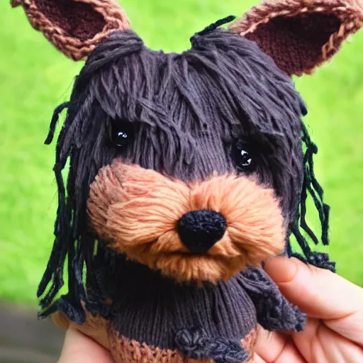 Image similar to a closeup photorealistic smiling knitted plush yorkshire terrier.