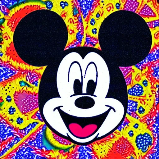 Image similar to trippy mickey mouse blotter art, acid tabs