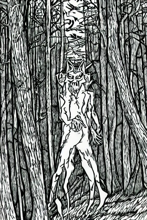 Image similar to a drawing of a werewolf in a forest, by junji ito