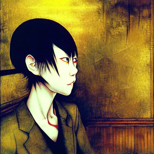 Image similar to yoshitaka amano blurred and dreamy realistic three quarter angle horror portrait of a sinister young woman with short hair and yellow eyes wearing office suit with tie, junji ito abstract patterns in the background, satoshi kon anime, noisy film grain effect, highly detailed, renaissance oil painting, weird portrait angle, blurred lost edges