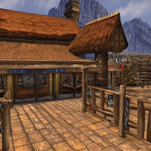Image similar to Render of a front of Polish shop Żabka, screenshot from game The Elder Scrolls III: Morrowind (2002)