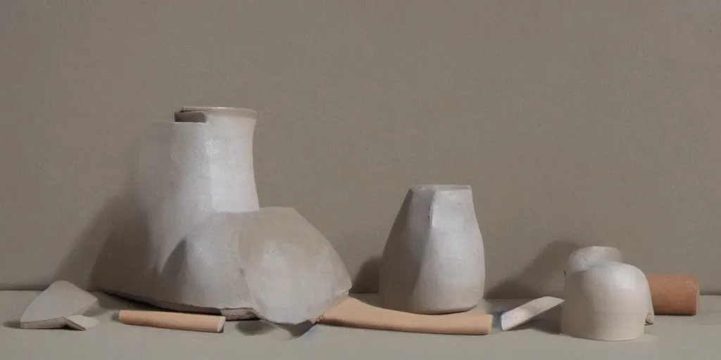 Prompt: ceramic jug being built, wet clay, glaze, slip, in the style of ben nicholson drawing, ben nicholson still life