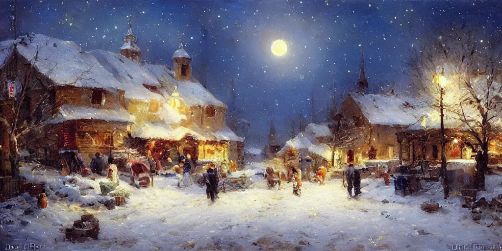 Image similar to a scene of a small eastern european village at night, stars, moon, wintertime, painting by daniel f. gerhartz