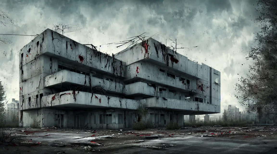 Image similar to post apocalyptic hospital building, big grey alien looking, morning, building, avenue, modern contemporary urban americana concrete architecture, by pascal blanche, neil blevins, apocalyptic color palette, trending on artstation, photorealistic, wilderness ambiance, ultra detailed, high definition, depth of field, bokeh, rubble, wild vegetation, blood stains, building crumbling