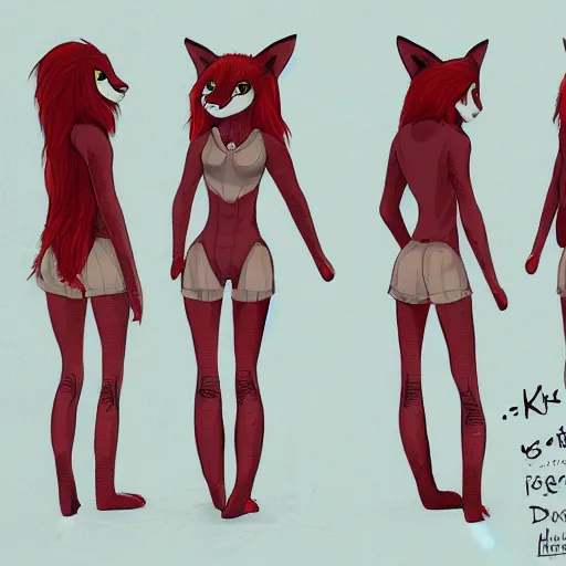 Prompt: female character sheet, concept art, fox legs, fox ears, part fox, anthropomorphic female, lone female, red hair, character sheet, sketch, digitigrade, pawpads on feet.