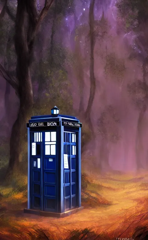 Image similar to a portrait of a tardis, in the woods, dynamic lighting, photorealistic fantasy concept art, trending on art station, stunning visuals, creative, cinematic, ultra detailed